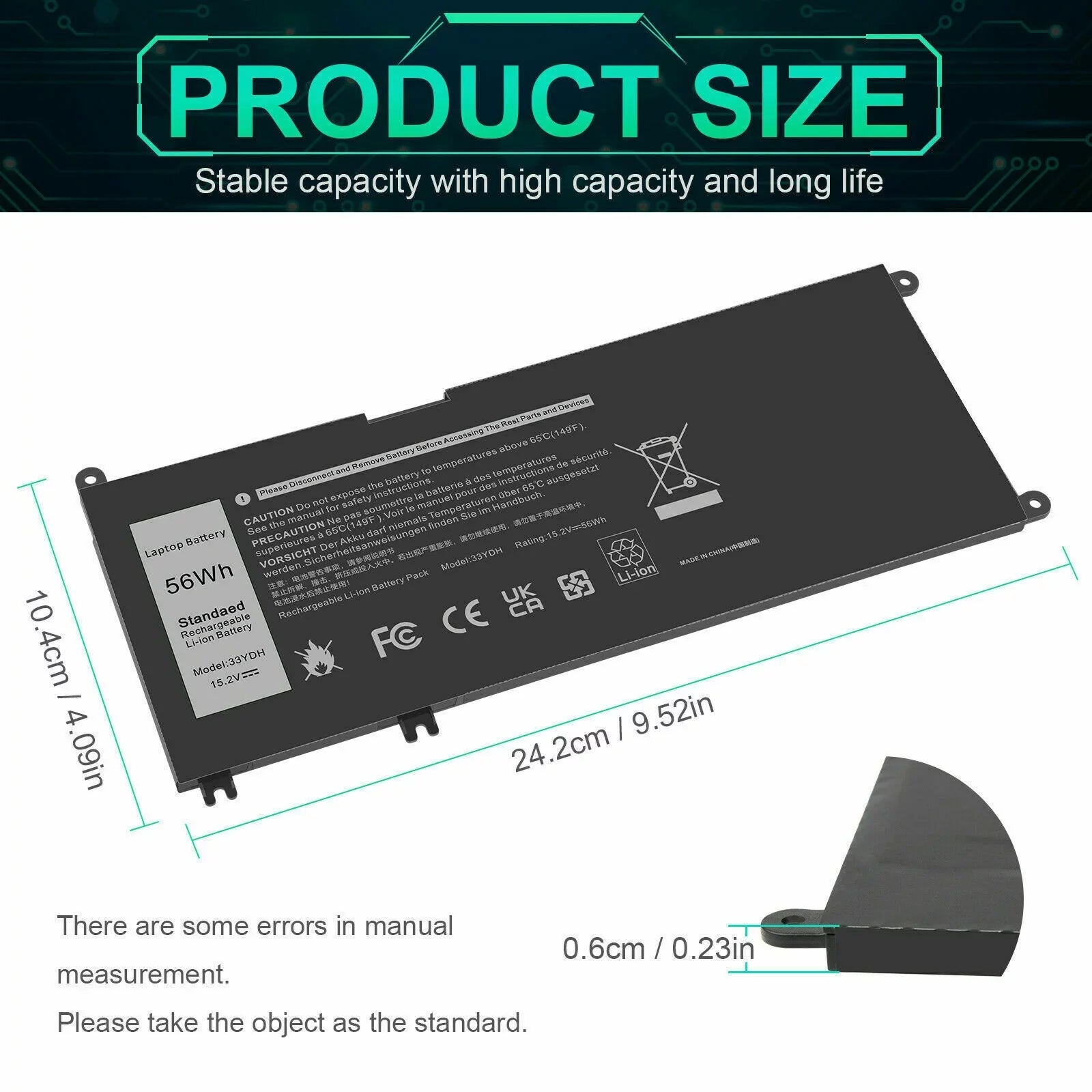 For Dell Latitude 3580 3590 Inspiron 7779 7786 Laptop 56Wh 4-Cell Battery 33YDH