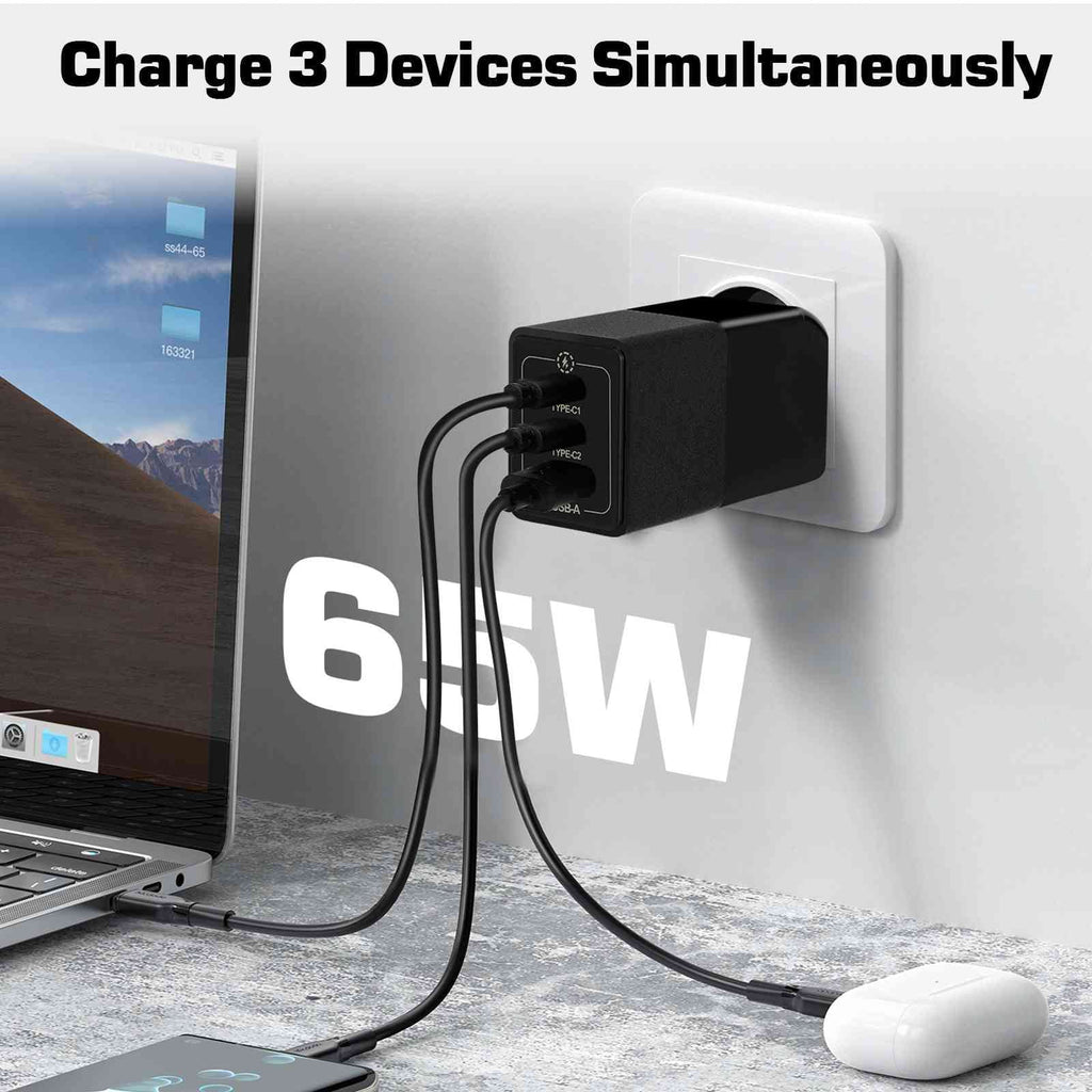 UrbanX 65W Fast Travel Charger with 3 Ports - USB & Dual USB-C - High-Speed Charging Suitable with Coolpad Cool S1, iPhone, Samsung Galaxy, Google Pixel, MacBook, Steam Deck, Laptops & Phones