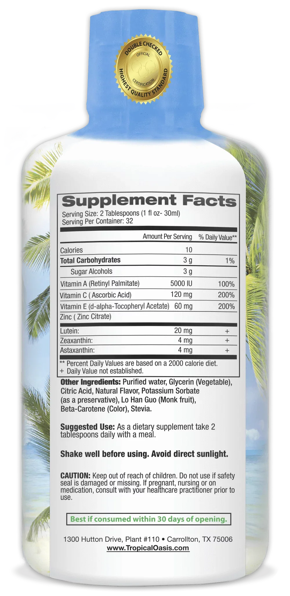 Tropical Oasis 20/20 Vision - Eye Vitamin Formula with Lutein, Zeaxanthin, Astaxanthin – Max Absorption – 32 Servings, 32oz