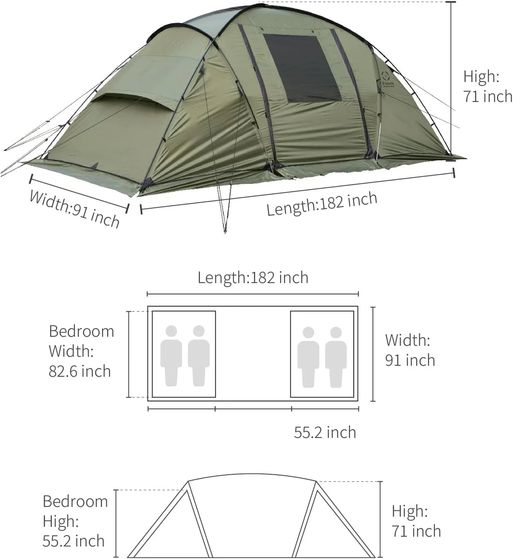 YANPO Glamping Tent with Porch, 2/3/4/5/6 Person Resilient Environment Camping Tent, Large Family Tent with Room Divider, Easy Setup Tent with Screen Room